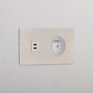 Kew Gniazdo USB-C 30 W i francusko/belgijskie typu E w podwójnej ramce – Satynowy nikiel, Biały
