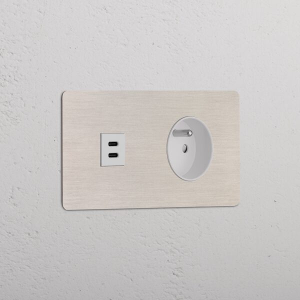 Kew Gniazdo USB-C 30 W i francusko/belgijskie typu E w podwójnej ramce – Satynowy nikiel, Biały