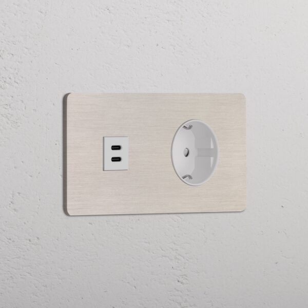 Grove Gniazdo USB-C 30 W i Schuko typu F x 2 w podwójnej ramce – Satynowy nikiel, Biały