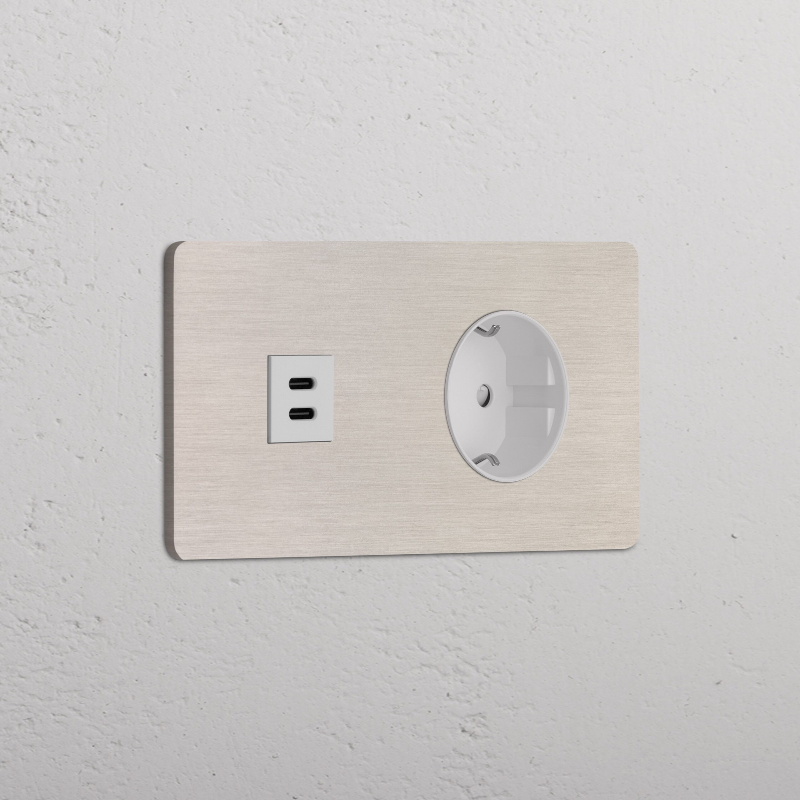 Grove Gniazdo USB-C 30 W i Schuko typu F x 2 w podwójnej ramce – Satynowy nikiel, Biały