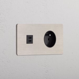 Grove Gniazdo USB-C 30 W i francusko/belgijskie typu E w podwójnej ramce – Satynowy nikiel, Czarny