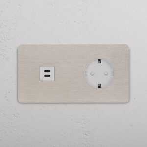 Grove Gniazdo USB-C 30 W i Schuko typu F x 2 w podwójnej ramce – Satynowy nikiel, Biały