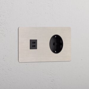 Kew Gniazdo USB-C 30 W i Schuko typu F x 2 w podwójnej ramce – Satynowy nikiel, Czarny