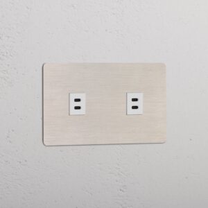 Kew Gniazdo USB-C 30 W x 2 w podwójnej ramce – Satynowy nikiel, Biały