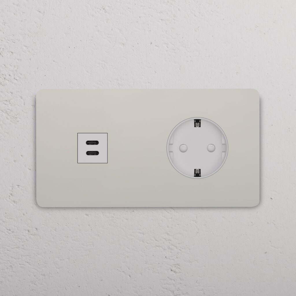 Grove Gniazdo USB-C 30 W i Schuko typu F x 2 w podwójnej ramce – Polerowany nikiel, Biały