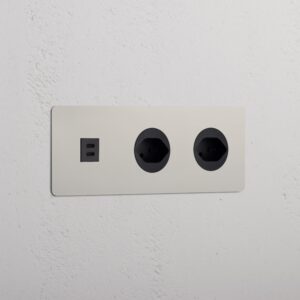 Kew Gniazdo USB-C 30W i szwajcarskie typu J x 2 w potrójnej ramce – Polerowany nikiel, Czarny