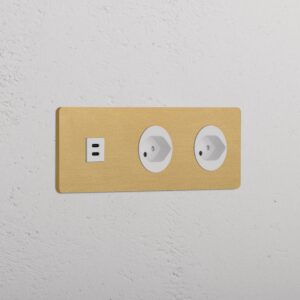 Grove Gniazdo USB-C 30W i szwajcarskie typu J x 2 w potrójnej ramce – Antyczny mosiądz, Biały