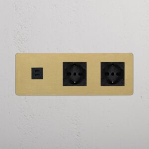 Kew Gniazdo USB-C 30 W i Schuko/Bipasso x 2 w potrójnej ramce – Antyczny mosiądz, Czarny