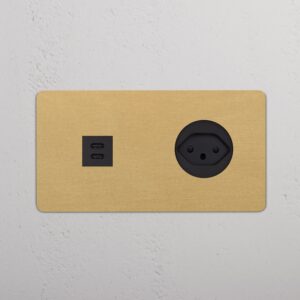 Kew Gniazdo USB-C 30W i szwajcarskie typu J w podwójnej ramce – Antyczny mosiądz, Czarny