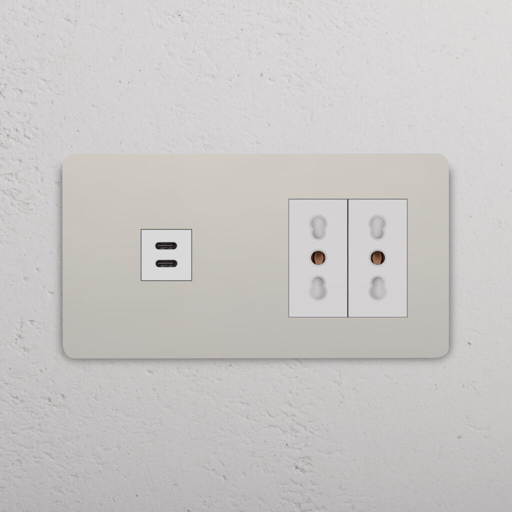 Grove Gniazdo USB-C 30 W i Bipasso x 2 w podwójnej ramce – Polerowany nikiel, Biały