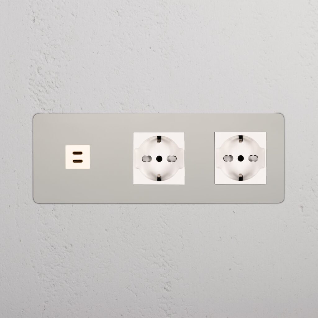Kew Gniazdo USB-C 30 W i Schuko/Bipasso x 2 w potrójnej ramce – Polerowany nikiel, Biały