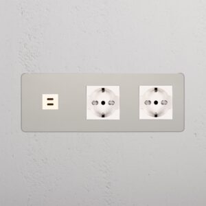 Kew Gniazdo USB-C 30 W i Schuko/Bipasso x 2 w potrójnej ramce – Polerowany nikiel, Biały