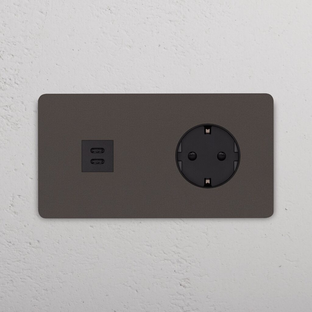 Grove Gniazdo USB-C 30 W i Schuko typu F x 2 w podwójnej ramce – Brąz, Czarny