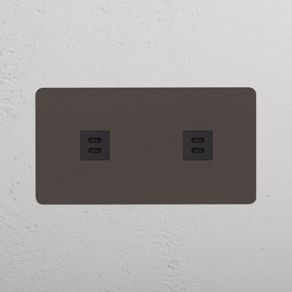 Kew Gniazdo USB-C 30 W x 2 w podwójnej ramce – Brąz, Czarny