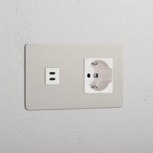 Kew Gniazdo USB-C 30 W i Schuko/Bipasso w podwójnej ramce – Polerowany nikiel, Biały
