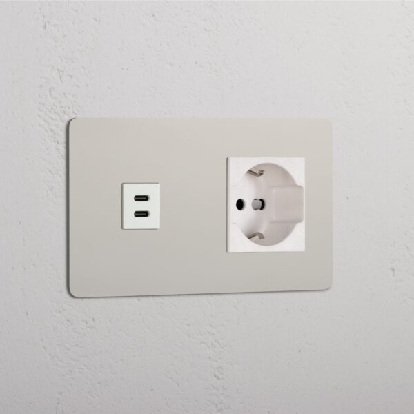 Kew Gniazdo USB-C 30 W i Schuko/Bipasso w podwójnej ramce – Polerowany nikiel, Biały
