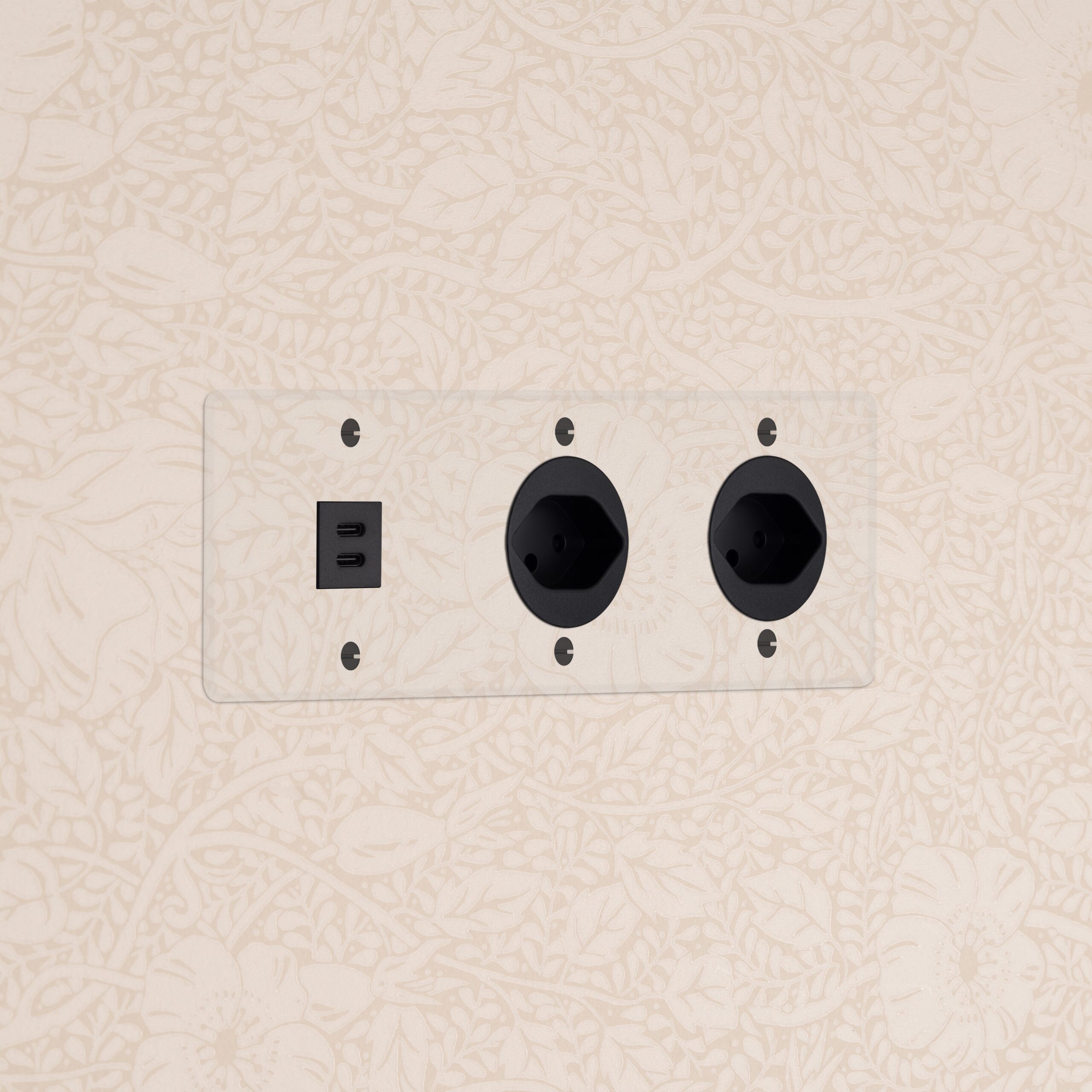 Kew Gniazdo USB-C 30W i szwajcarskie typu J x 2 w potrójnej ramce – Przezroczysty, Czarny