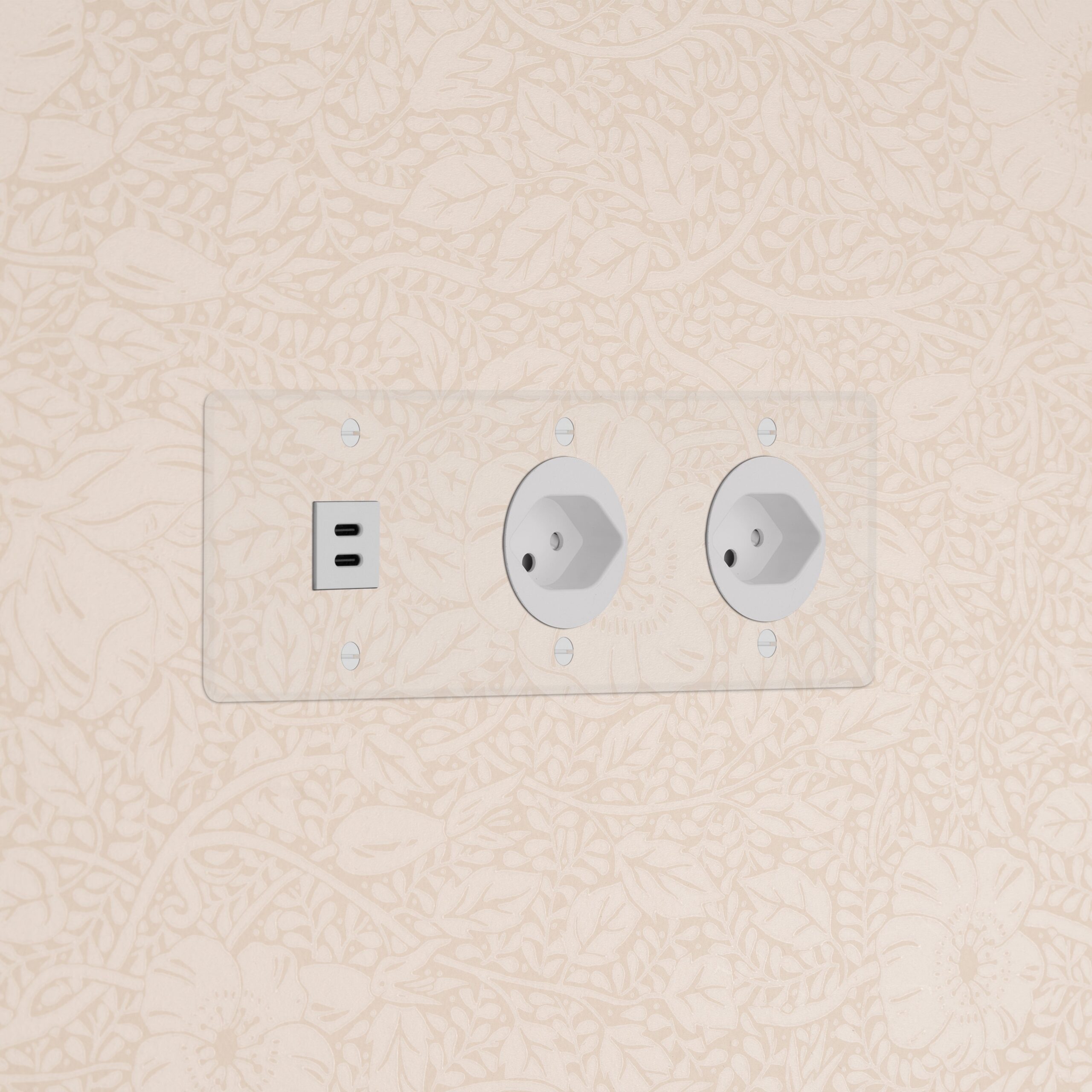 Kew Gniazdo USB-C 30W i szwajcarskie typu J x 2 w potrójnej ramce – Przezroczysty, Biały