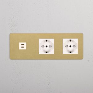 Kew Gniazdo USB-C 30 W i Schuko/Bipasso x 2 w potrójnej ramce – Antyczny mosiądz, Biały