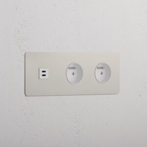 Kew Gniazdo USB-C 30 W i francusko/belgijskie typu E x 2 w potrójnej ramce – Polerowany nikiel, Biały