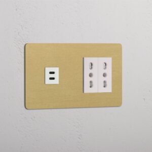 Kew Gniazdo USB-C 30 W i Bipasso x 2 w podwójnej ramce – Antyczny mosiądz, Biały