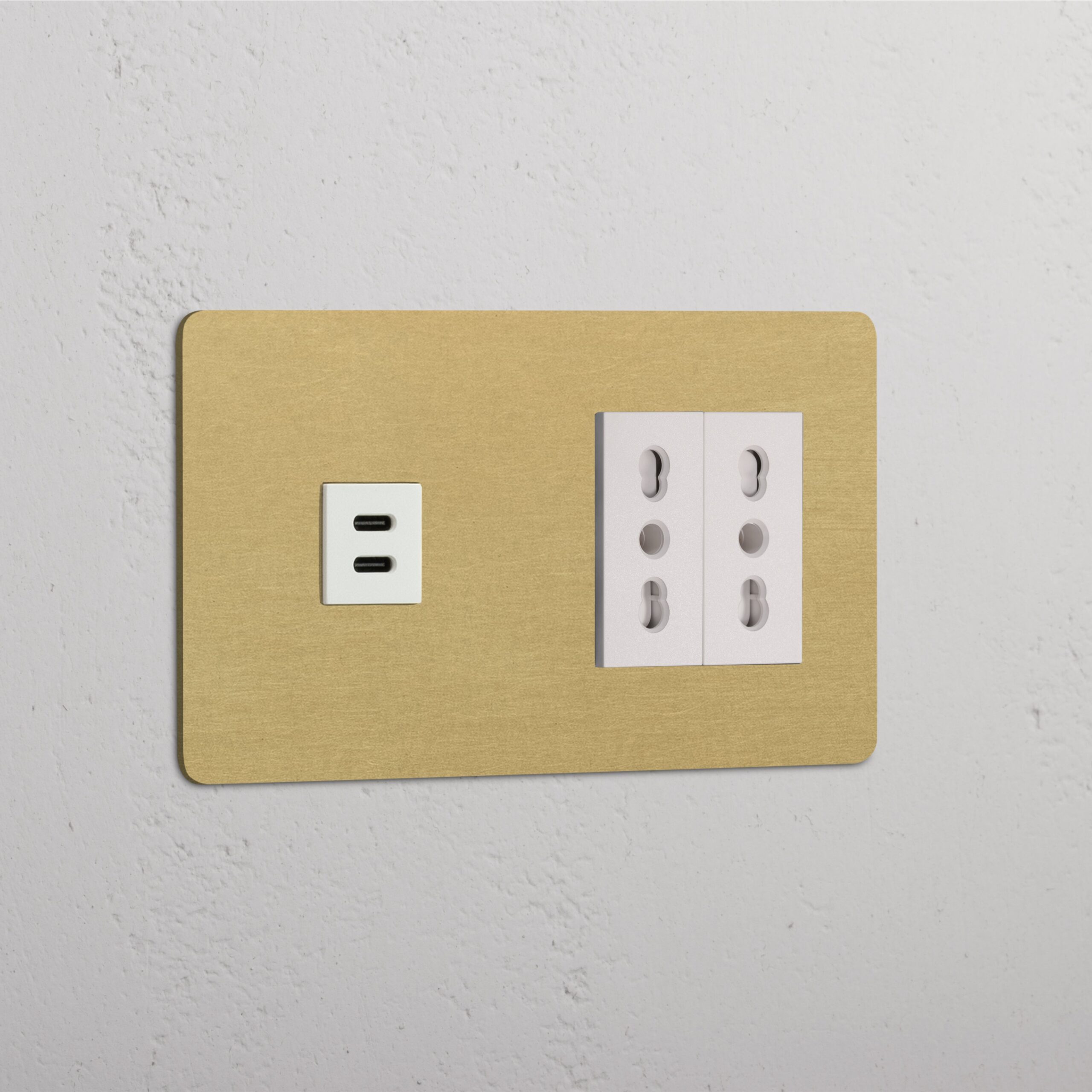 Kew Gniazdo USB-C 30 W i Bipasso x 2 w podwójnej ramce – Antyczny mosiądz, Biały