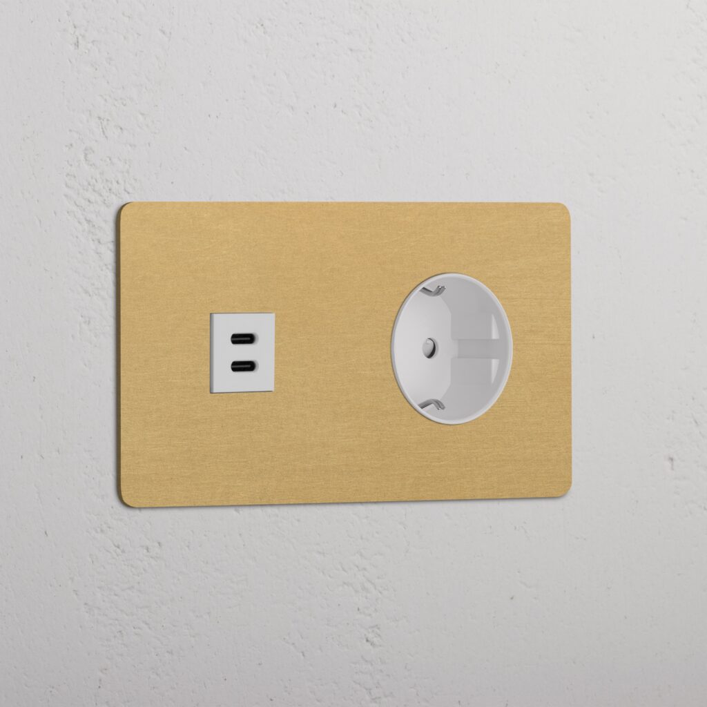 Kew Gniazdo USB-C 30 W i Schuko typu F x 2 w podwójnej ramce – Antyczny mosiądz, Biały
