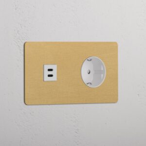 Kew Gniazdo USB-C 30 W i Schuko typu F x 2 w podwójnej ramce – Antyczny mosiądz, Biały