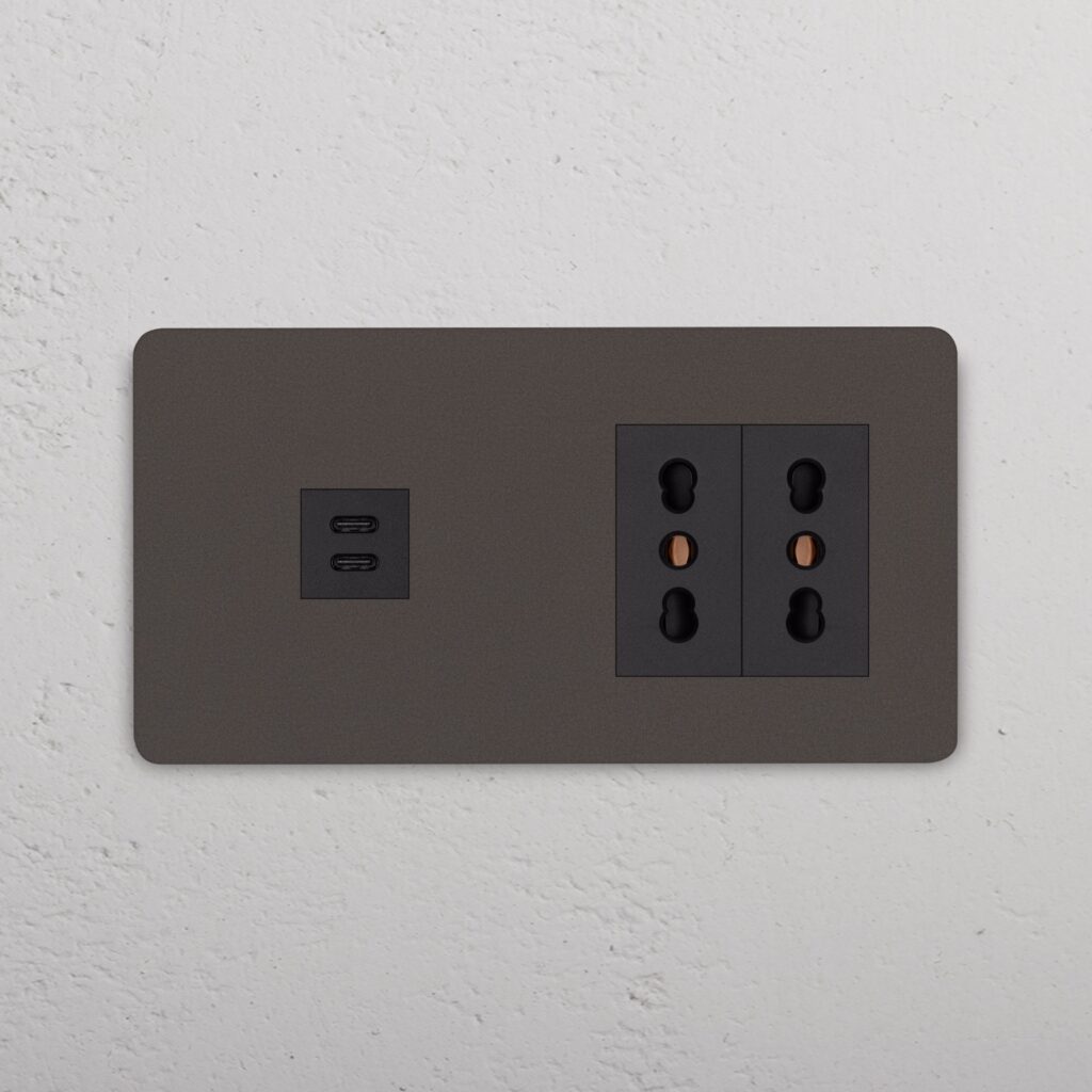 Grove Gniazdo USB-C 30 W i Bipasso x 2 w podwójnej ramce – Brąz, Czarny
