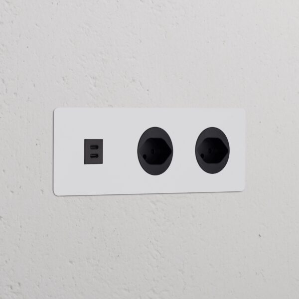 Kew Gniazdo USB-C 30W i szwajcarskie typu J x 2 w potrójnej ramce – Do malowania, Czarny