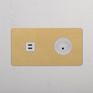 Kew Gniazdo USB-C 30W i szwajcarskie typu J w podwójnej ramce – Antyczny mosiądz, Biały