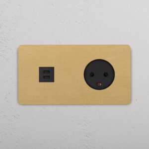 Grove Gniazdo USB-C 30 W i duńskie typu K w podwójnej ramce – Antyczny mosiądz, Czarny