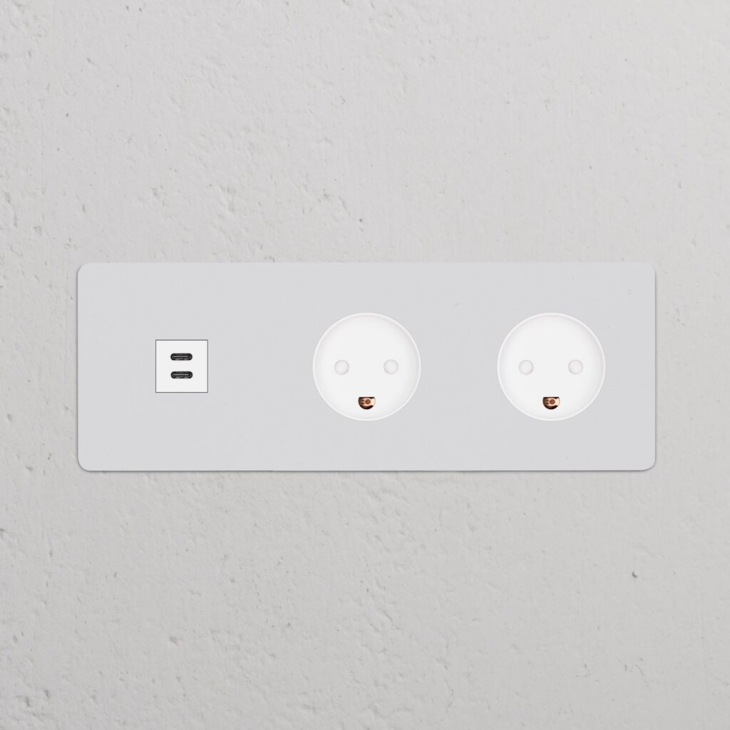 Kew Gniazdo USB-C 30 W i duńskie typu K x 2 w potrójnej ramce – Do malowania, Biały