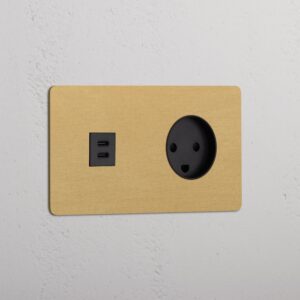 Kew Gniazdo USB-C 30 W i duńskie typu K w podwójnej ramce – Antyczny mosiądz, Czarny