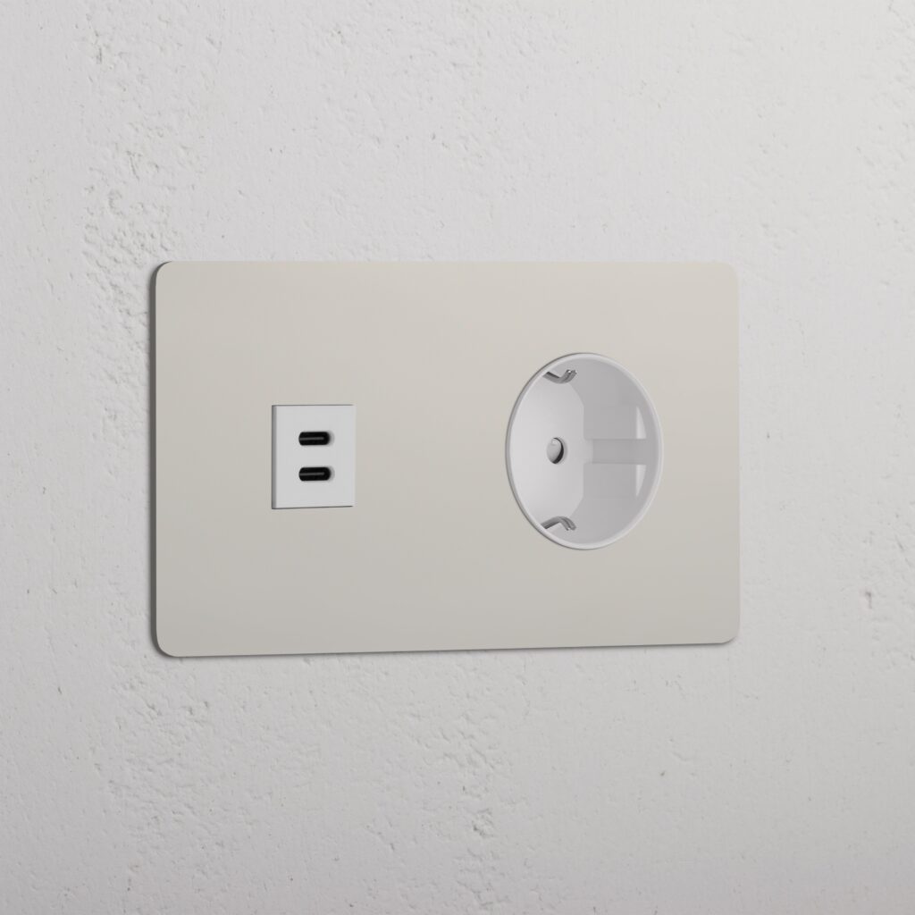 Kew Gniazdo USB-C 30 W i Schuko typu F x 2 w podwójnej ramce – Polerowany nikiel, Biały