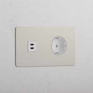 Kew Gniazdo USB-C 30 W i Schuko typu F x 2 w podwójnej ramce – Polerowany nikiel, Biały