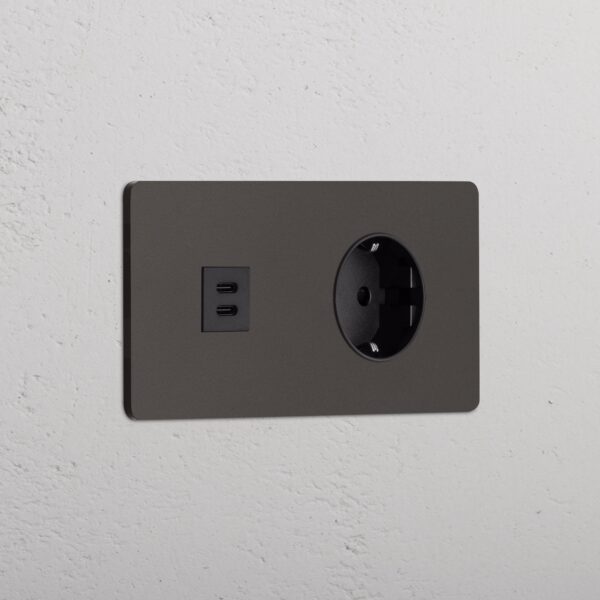 Grove Gniazdo USB-C 30 W i Schuko typu F x 2 w podwójnej ramce – Brąz, Czarny