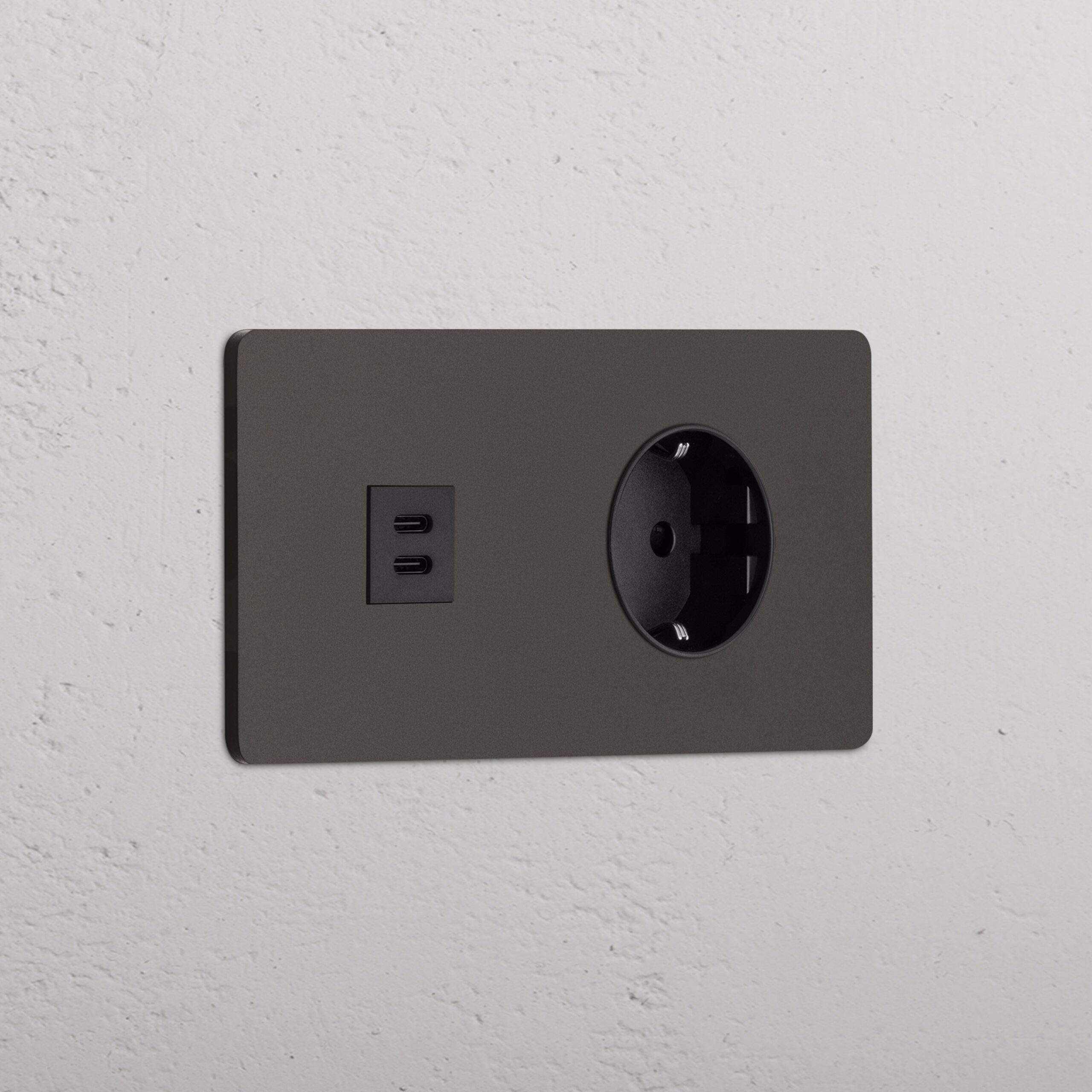 Grove Gniazdo USB-C 30 W i Schuko typu F x 2 w podwójnej ramce – Brąz, Czarny
