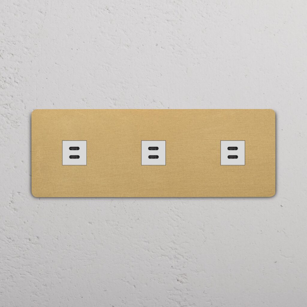Grove Gniazdo USB-C 30 W x 3 w potrójnej ramce – Antyczny mosiądz, Biały