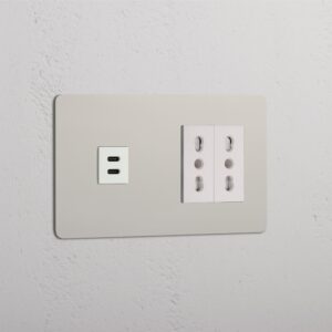Kew Gniazdo USB-C 30 W i Bipasso x 2 w podwójnej ramce – Polerowany nikiel, Biały