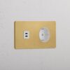 Grove Gniazdo USB-C 30 W i Schuko typu F x 2 w podwójnej ramce – Antyczny mosiądz, Biały