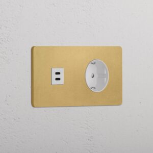 Grove Gniazdo USB-C 30 W i Schuko typu F x 2 w podwójnej ramce – Antyczny mosiądz, Biały