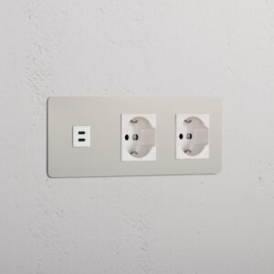 Kew Gniazdo USB-C 30 W i Schuko/Bipasso x 2 w potrójnej ramce – Polerowany nikiel, Biały