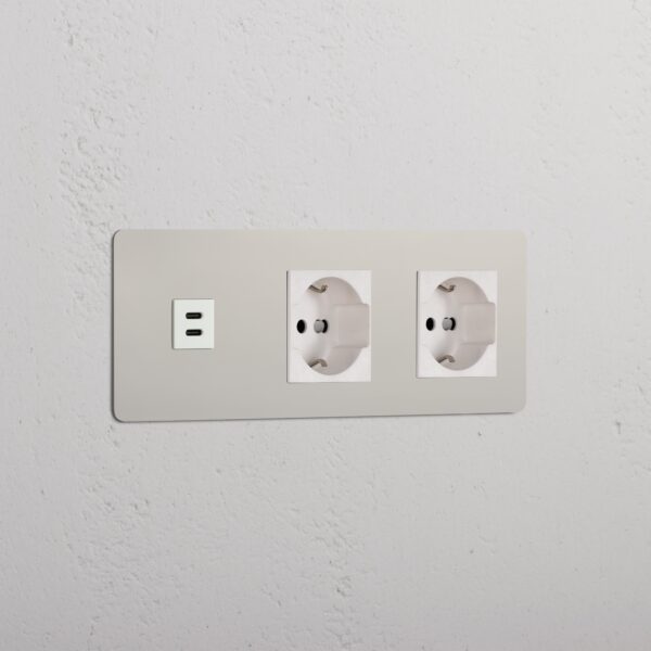 Kew Gniazdo USB-C 30 W i Schuko/Bipasso x 2 w potrójnej ramce – Polerowany nikiel, Biały