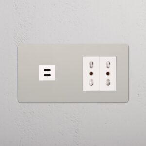 Kew Gniazdo USB-C 30 W i Bipasso x 2 w podwójnej ramce – Polerowany nikiel, Biały