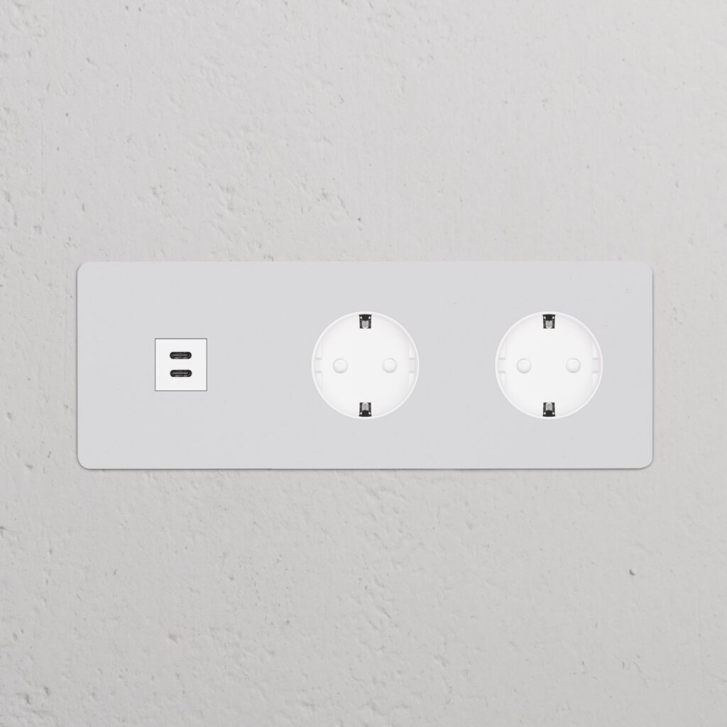 Kew Gniazdo USB-C 30 W i Schuko typu F x 2 w potrójnej ramce – Do malowania, Biały