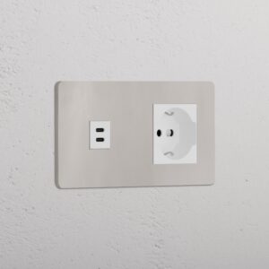 Grove Gniazdo USB-C 30 W i Schuko/Bipasso w podwójnej ramce – Polerowany nikiel, Biały