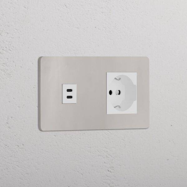 Grove Gniazdo USB-C 30 W i Schuko/Bipasso w podwójnej ramce – Polerowany nikiel, Biały