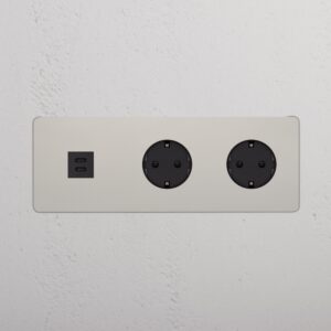Kew Gniazdo USB-C 30 W i Schuko typu F x 2 w potrójnej ramce – Polerowany nikiel, Czarny