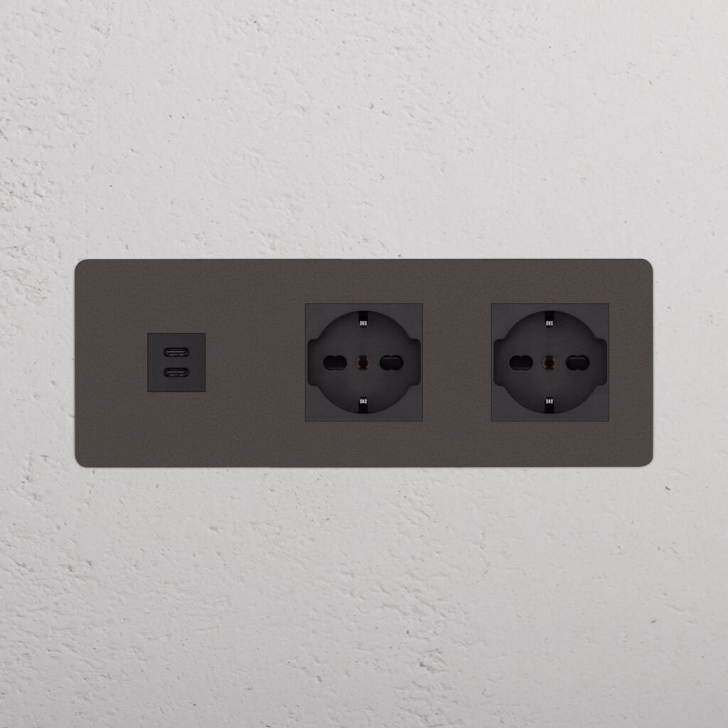 Kew Gniazdo USB-C 30 W i Schuko/Bipasso x 2 w potrójnej ramce – Brąz, Czarny